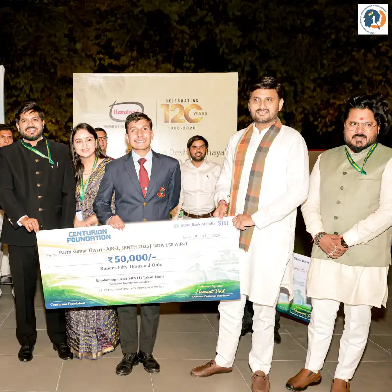 Shishir Dixit Sir, Gurkirat Mam, Son of Honourable Defence Minister Dr. Neeraj Singh, and Hemant Dixit Sir honouring SRNTH AIR 2 Parth Kumar Tiwari at Times Samman 2026.